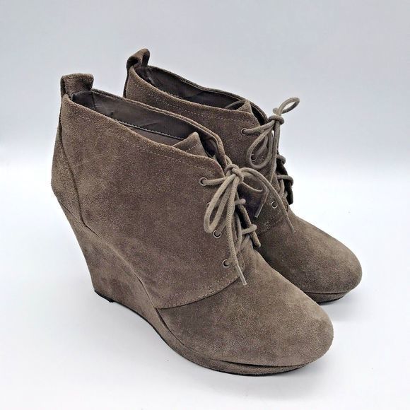 Jessica Simpson Catcher Taupe Suede Leather Wedge Booties Women 10M Lace Up Shoe - Picture 3 of 9